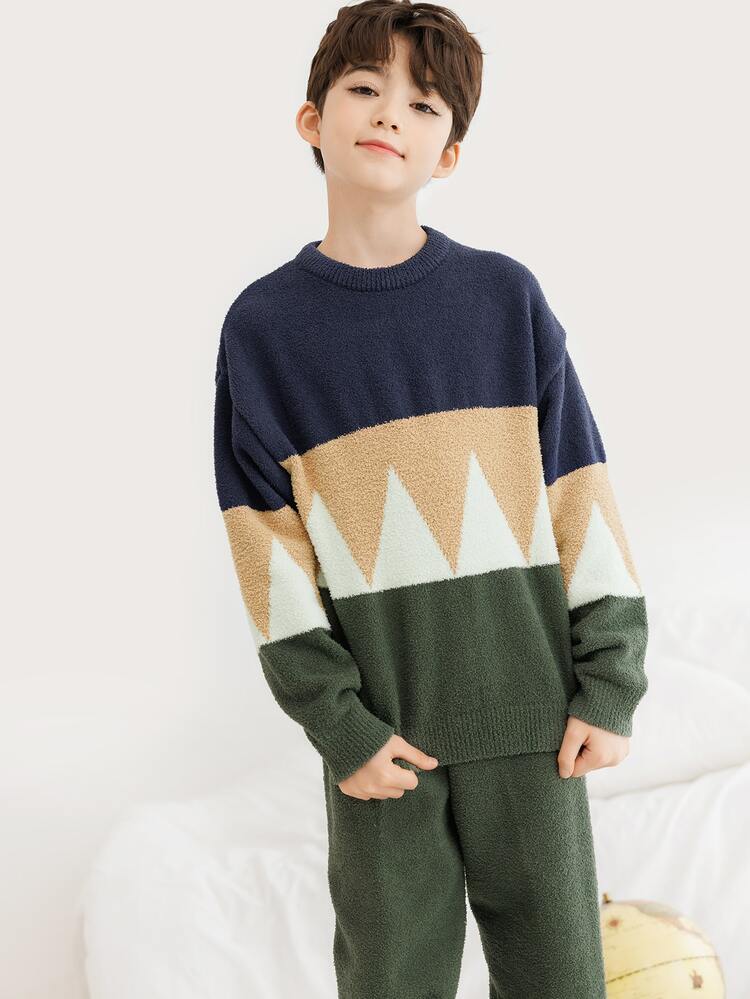 男孩撞色落肩袖絨毛上衣和褲子休閒套裝 - 彩色 - 查看 6