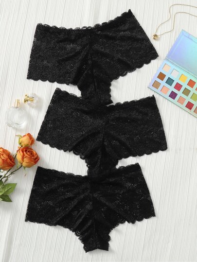 Plus 3-pack underkläder med blommiga spetsar med kammusslor