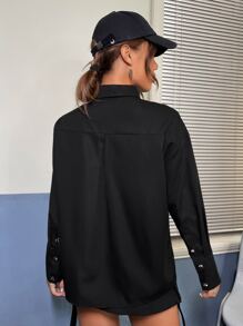 SHEIN EZwear Patched Pocket Drop Shoulder Shirt With Tie - Black - View 2