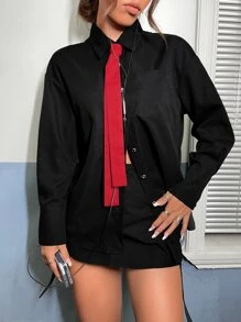 SHEIN EZwear Patched Pocket Drop Shoulder Shirt With Tie - Black - View 3