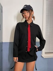 SHEIN EZwear Patched Pocket Drop Shoulder Shirt With Tie - Black - View 4