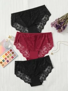 Set de 3 prendas de ropa interior con encaje de contraste para tallas grandes - Multicolor - Ver 1