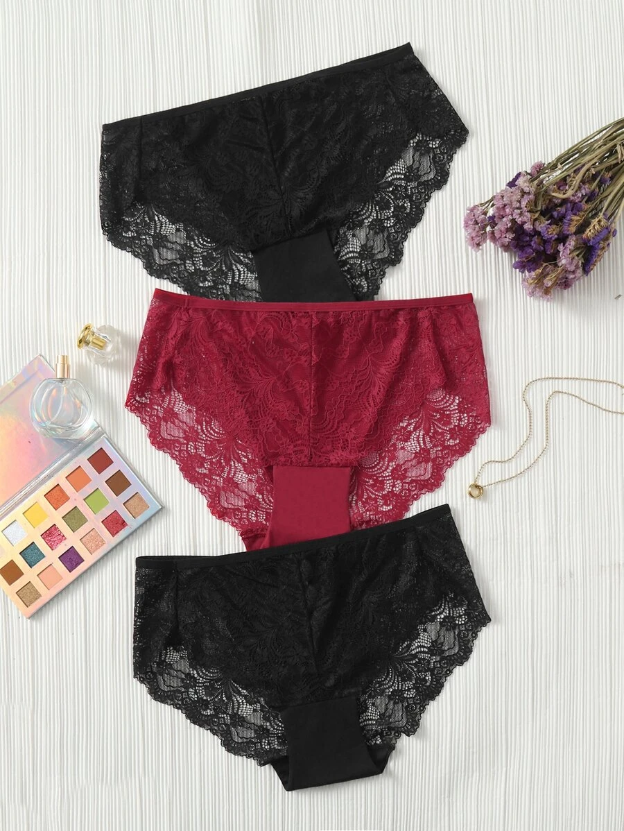 Set de 3 prendas de ropa interior con encaje de contraste para tallas grandes - Multicolor - Ver 1