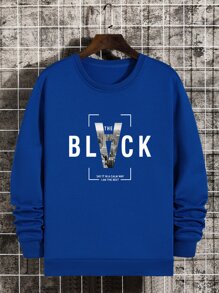 Men Slogan & Building Print Thermal Pullover - Royal Blue - View 1