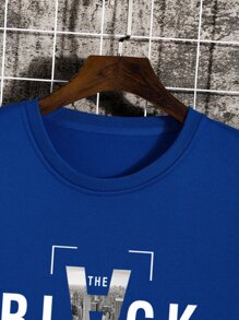 Men Slogan & Building Print Thermal Pullover - Royal Blue - View 3