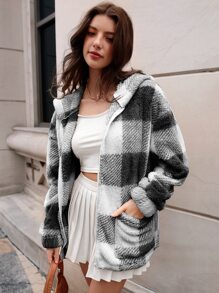 SHEIN EZwear Gingham Zip Up Drawstring Hem Hooded Teddy Coat - Black and White - View 3