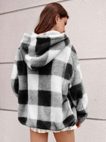 SHEIN EZwear Gingham Zip Up Drawstring Hem Hooded Teddy Coat - Black and White - View 2