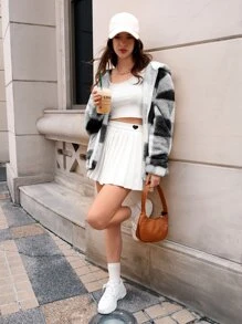 SHEIN EZwear Gingham Zip Up Drawstring Hem Hooded Teddy Coat - Black and White - View 6