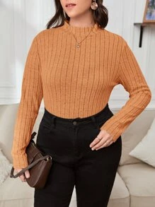 SHEIN Essnce Plus Ribbed Knit Mock Neck Tee - Orange - View 1