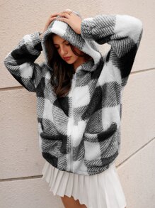 SHEIN EZwear Gingham Zip Up Drawstring Hem Hooded Teddy Coat - Black and White - View 4