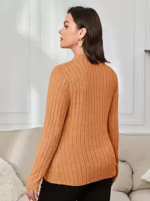 SHEIN Essnce Plus Ribbed Knit Mock Neck Tee - Orange - View 2