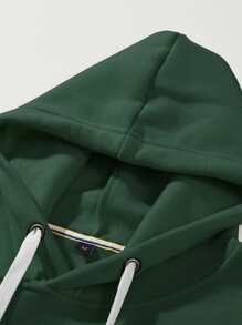 Manfinity Men Slogan & Floral Print Kangaroo Pocket Drawstring Thermal Hoodie - Dark Green - View 5