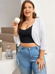 AAmilife 大碼素色開門襟短款開衫 - 白色 - 查看 3