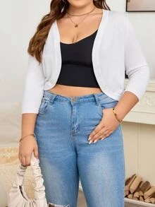 AAmilife 大碼素色開門襟短款開衫 - 白色 - 查看 4