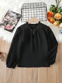 Tween Girl Solid Color Frill Trim Long Sleeve Loose Blouse - Black - View 4