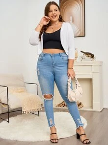 AAmilife 大碼素色開門襟短款開衫 - 白色 - 查看 5