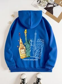 SHEIN EZwear Letter Graphic Zip Up Thermal Lined Drawstring Hoodie - Royal Blue - View 1