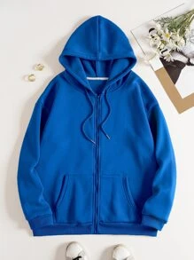 SHEIN EZwear Letter Graphic Zip Up Thermal Lined Drawstring Hoodie - Royal Blue - View 2