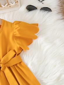 小女童貝殼邊蝴蝶袖繫腰帶洋裝 - 芥末黃 - 查看 4