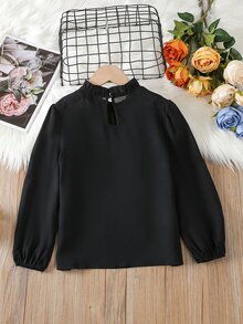 Tween Girl Solid Color Frill Trim Long Sleeve Loose Blouse - Black - View 2