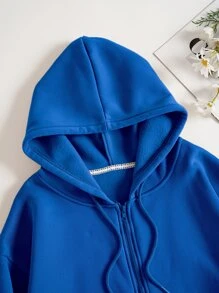 SHEIN EZwear Letter Graphic Zip Up Thermal Lined Drawstring Hoodie - Royal Blue - View 6
