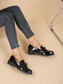 Women Black Bow & Fringe Decor Slip On Loafers Breathable Flats Shoes - Black - View 4