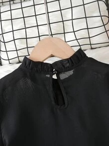 Tween Girl Solid Color Frill Trim Long Sleeve Loose Blouse - Black - View 8
