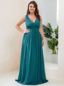 EVERPRETTY Plus Double V Neck Ruched Waist Prom Dress - Teal Blue - View 3