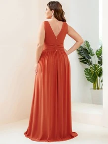 Plus Plunge Neck Ruched Chiffon Bridesmaid Dress - Burnt Orange - View 2
