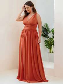Plus Plunge Neck Ruched Chiffon Bridesmaid Dress - Burnt Orange - View 3