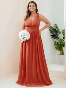 Plus Plunge Neck Ruched Chiffon Bridesmaid Dress - Burnt Orange - View 4