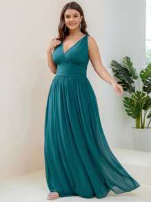 EVERPRETTY Plus Double V Neck Ruched Waist Prom Dress - Teal Blue - View 5