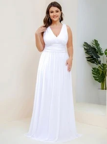 EVERPRETTY Plus Double V Neck Ruched Waist Prom Dress Plus Size White Elegant Bridesmaid Dress - White - View 5