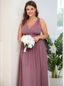 EVERPRETTY 大碼雙v領抽褶腰舞會連衣裙 - 藕粉色 - 查看 4