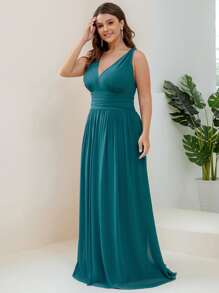 EVERPRETTY Plus Double V Neck Ruched Waist Prom Dress - Teal Blue - View 6