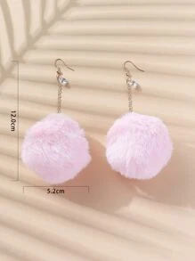 Fluffy Pom Pom Drop Earrings - Pink - View 4