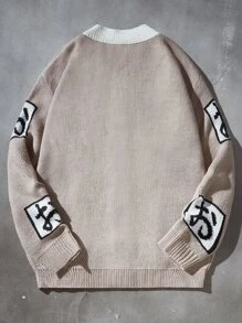 ROMWE MEN Anime Nam Cardigans Nút phía trước Lá thư Giải trí - Màu Khaki - Xem 2