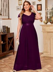 MIUSOL Plus V-Neck Floral Lace Cap Sleeve Chiffon Formal Party Dress - Maroon - View 5