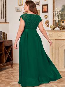 MIUSOL Plus V-Neck Floral Lace Cap Sleeve Chiffon Formal Party Dress - Dark Green - View 2