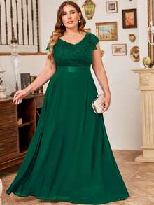 MIUSOL Plus V-Neck Floral Lace Cap Sleeve Chiffon Formal Party Dress - Dark Green - View 3