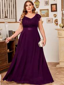 MIUSOL Plus V-Neck Floral Lace Cap Sleeve Chiffon Formal Party Dress - Maroon - View 3