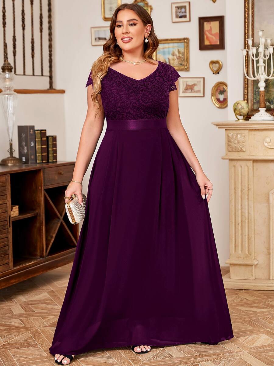 MIUSOL Plus V-Neck Floral Lace Cap Sleeve Chiffon Formal Party Dress - Maroon - View 1