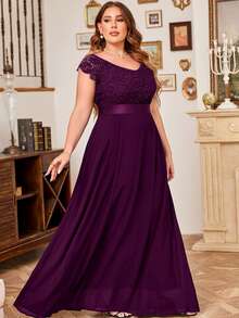 MIUSOL Plus V-Neck Floral Lace Cap Sleeve Chiffon Formal Party Dress - Maroon - View 6