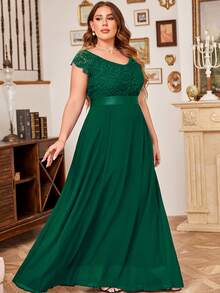 MIUSOL Plus V-Neck Floral Lace Cap Sleeve Chiffon Formal Party Dress - Dark Green - View 6