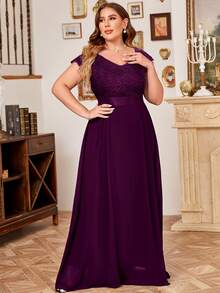 MIUSOL Plus V-Neck Floral Lace Cap Sleeve Chiffon Formal Party Dress - Maroon - View 4