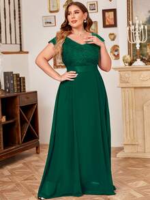 MIUSOL Plus V-Neck Floral Lace Cap Sleeve Chiffon Formal Party Dress - Dark Green - View 5