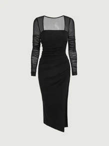 SHEIN MOD Contrast Mesh Ruched Asymmetrical Hem Dress - Black - View 2