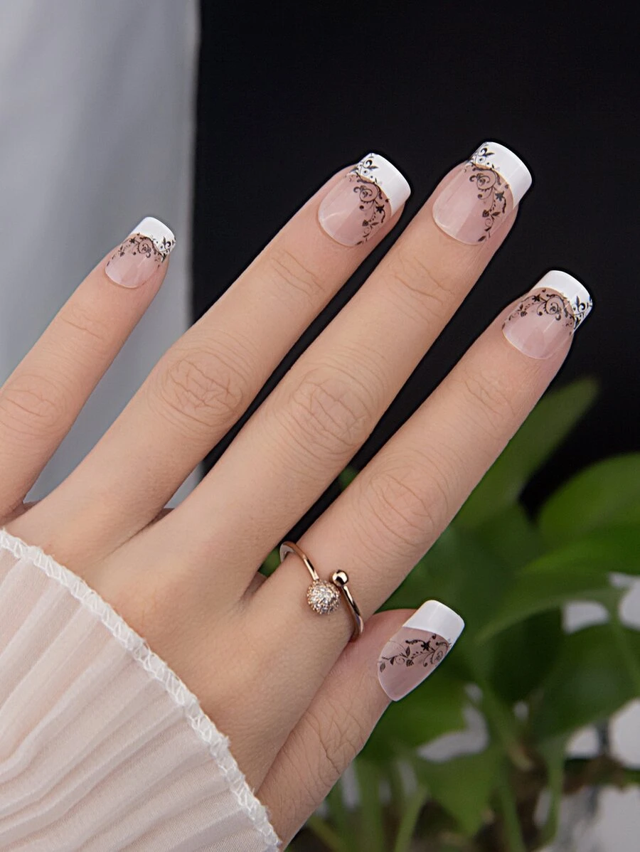 prettysecrets 24 件套按压式短指甲，法式印花花卉指甲按压式假指甲指甲用品，适合女孩/女士 - 彩色 - 查看 1