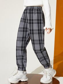 女大童彈性腰帶格紋長褲 - 黑與白 - 查看 1