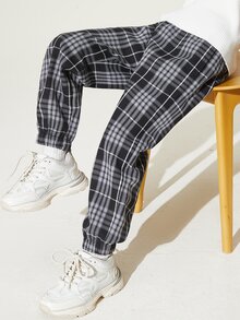 女大童彈性腰帶格紋長褲 - 黑與白 - 查看 3